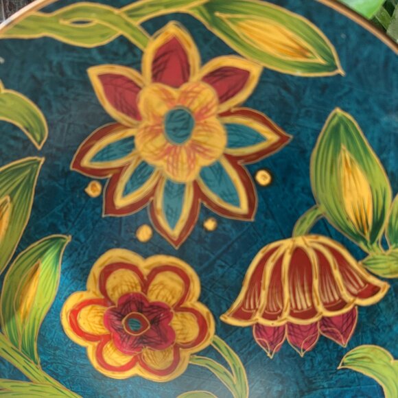 Vintage Fall Inspired Hand Painted Floral Oriental Accent Decorative Plate Blue - Picture 4 of 8